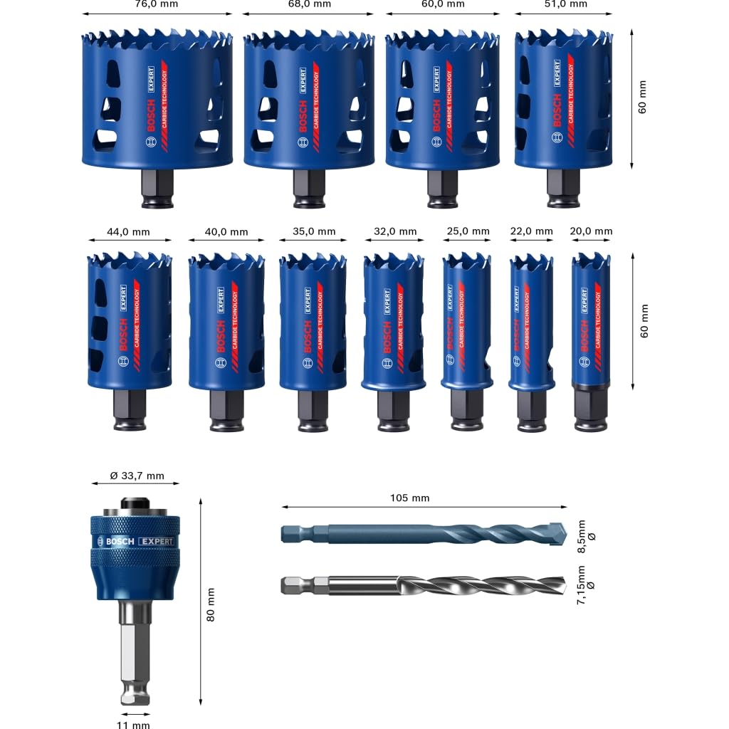 Bosch Professional 14x Set de sierras de corona Expert Tough Material (Accesorios Taladro de impacto rotativo), Gris, Ø 20-76 mm
