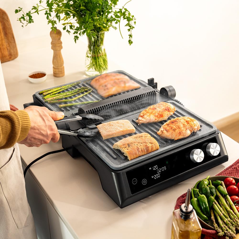 Cecotec Parrilla Eléctrica con Placas Desmontables Rockn'Grill Bistro. 2400W, Cocción sin Humo y Saludable, Control Táctil, Placas con Temperatura Independiente, Incluye Sonda de Temperatura
