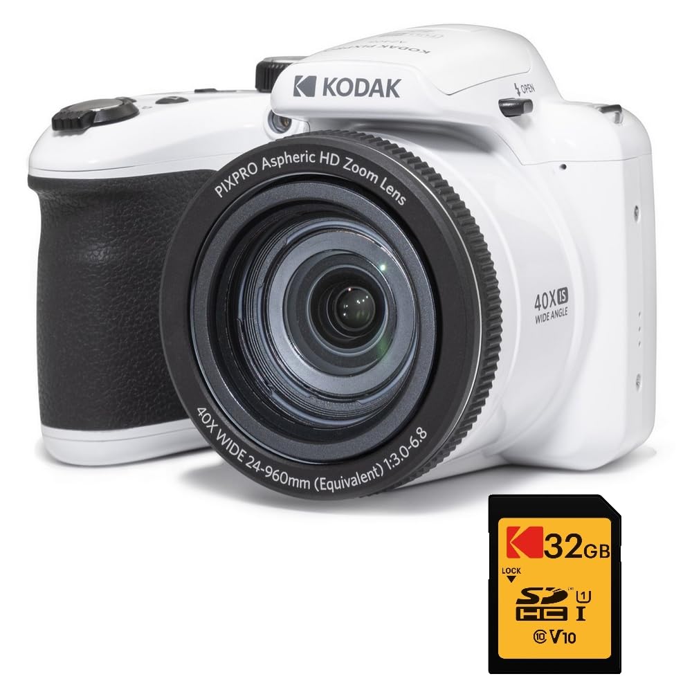 KODAK Pack Bridge Digital Pixpro Astro Zoom AZ405 + Tarjeta SDHC Kodak Ultra High Speed U1 32GB - Cámara Digital 20 MP, Zoom 40X, Gran Angular, LCD, Video Full HD 1080p, OIS, Pilas AA - Blanco