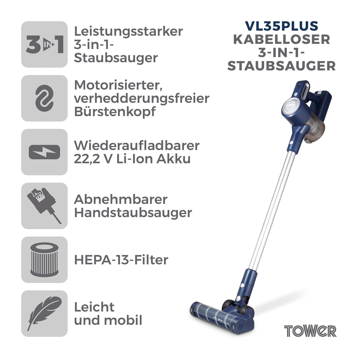 Tower T513008 VL35 Plus Aspiradora sin Cable 3 en 1 – Aspirador Vertical con Filtro HEPA y Cabezal Antienredos – Aspiradora sin Bolsa con Depósito de 1 Litro, 22.2 V - Azul Oscuro y Plata