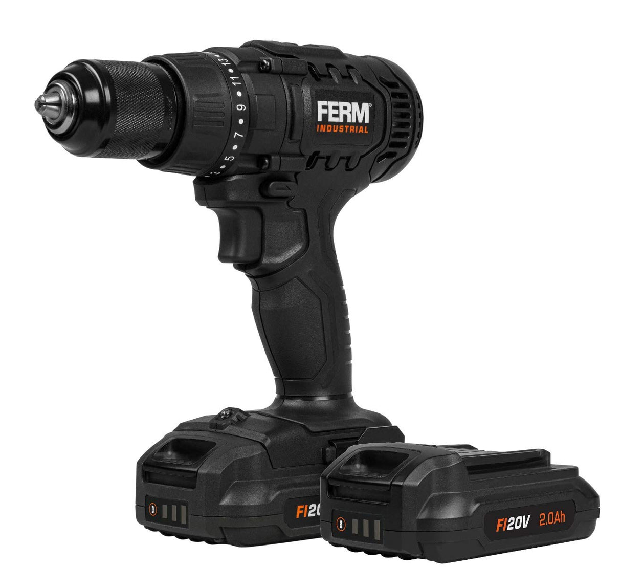 FERM Taladro inalámbrico industrial, FI20 V, 50 Nm, motor de 4 pines, incluye 2 baterías de 2,0 Ah y maletín de almacenamiento