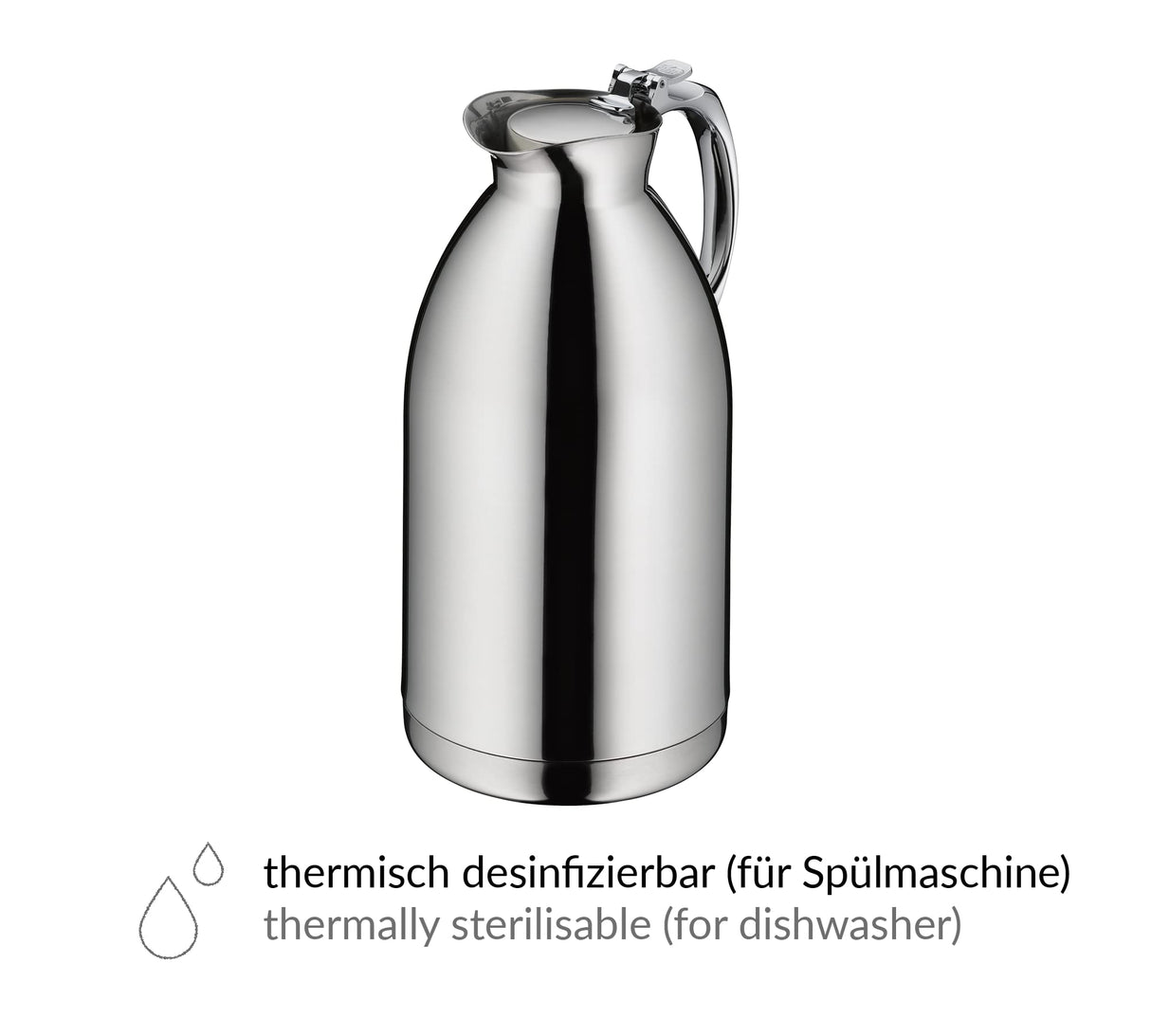 alfi HOTELLO 1,5 l, Jarra isotérmica de Doble Pared de Acero Inoxidable, Mantiene el Calor 4 Horas, Mantiene el frío 6 Horas, Tapa Suelta, vertido con una Mano, sin plástico, lavavajillas, hostelería