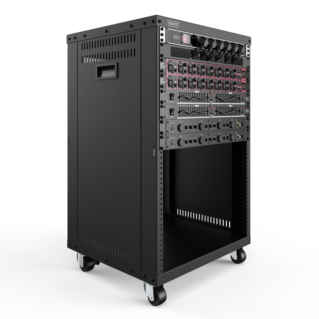 DIGITUS DN-48001 - Rack de Audio - 19 Pulgadas - 16U - Rack de Equipo Universal - para Accesorios de Audio y vídeo - Sin Montar - Carga máxima 136 kg - con Ruedas - Negro