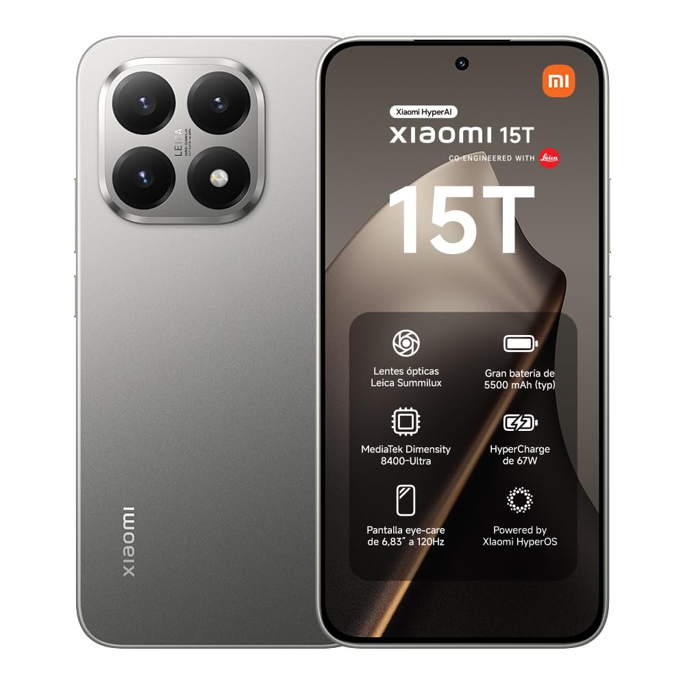 XIAOMI 15T - Smartphone de 12+256GB, Lente óptica Leica Summilux, MediaTek Dimensity 8400-Ultra, Pantalla Eye Care de 6,83" 120 Hz, HyperCharge de 67W, Cargador no Incluido, Gris (Versión ES)