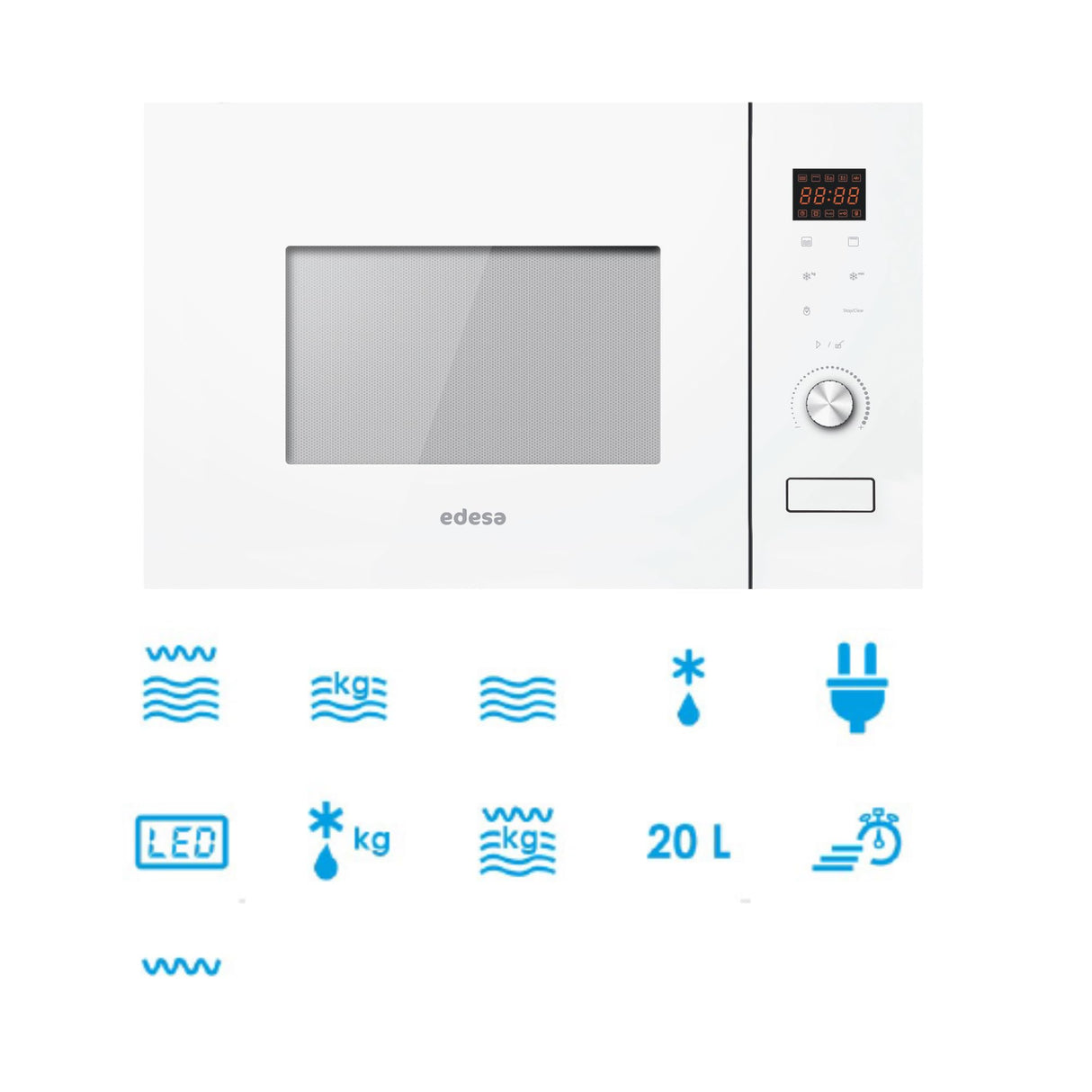 EDESA Microondas EMW-2020-IG WH de encastre de 20 litros, 800W y con grill 1000W Recinto interior de acero inoxidable Funciones de Descongelación y calentamiento Ancho 59.5 Color Blanco