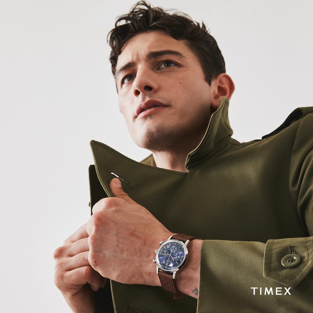 Timex Marlin Chronograph - Reloj de 40 mm para hombre, correa de liberación rápida de cuero marrón, esfera azul, caja de acero inoxidable TW2W10200