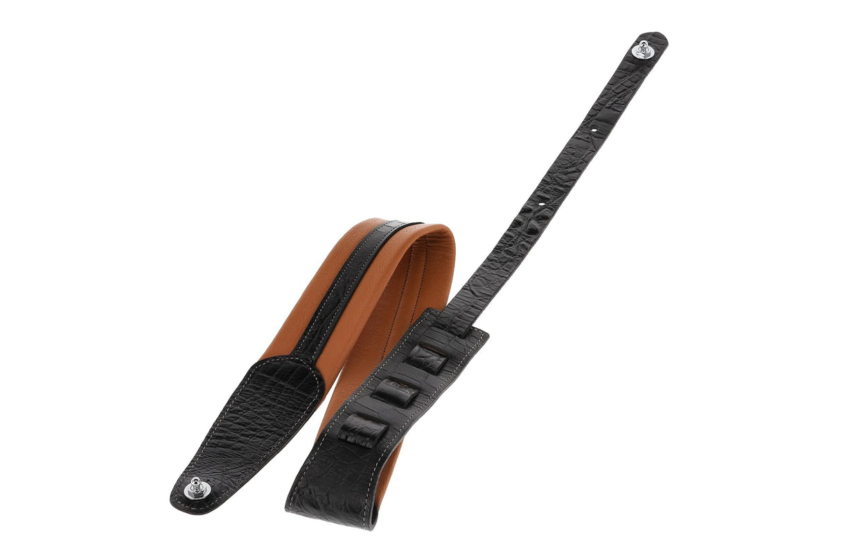 GEWA Correa para guitarra serie Prestige, cuero auténtico, ancho 65 mm, largo 103-139 cm, cierre de seguridad: cromado, arena seca/negro, marrón medio/negro, hecho a mano en Europa