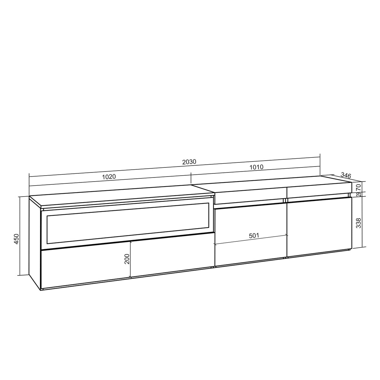 Skraut Home | Mueble TV | Televisión | Muebles de salón, almacenaje | 200x45x35cm | para TV hasta 80" | Chimenea eléctrica | Colgado, Suspendido | Estilo Moderno | Blanco y Negro
