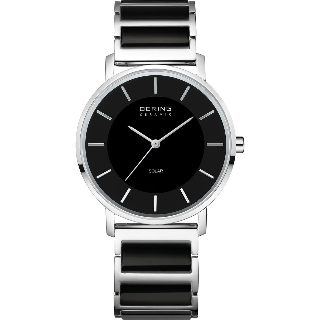 BERING 19535-742 Reloj Solar para Mujer con Caja de Acero Inoxidable Plateado de 35 mm, Esfera Negra, Brazalete de Acero Inoxidable con Detalles en cerámica y Resistencia al Agua de 3 ATM