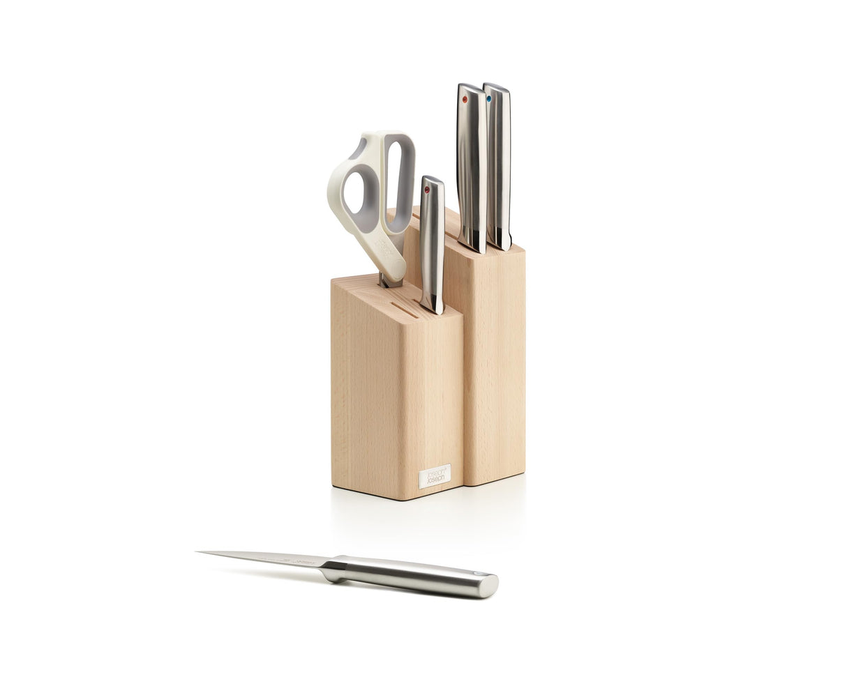 Joseph Joseph Fusion Cuchillos de Cocina Profesionales, Cuchillo Carnicero y Tijeras, Acero Inoxidable Japones, 5 piezas, Bloque de Madera