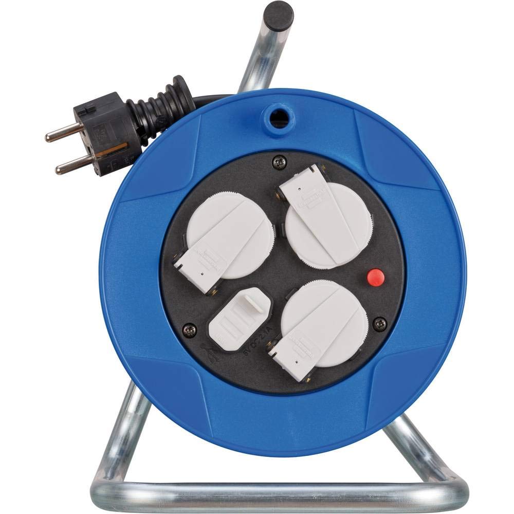 Brennenstuhl Garant enrollacables con alargador de 15m, carga USB, 3 tomas de corriente (plástico especial, uso en interiores, fabricado en alemania) azul
