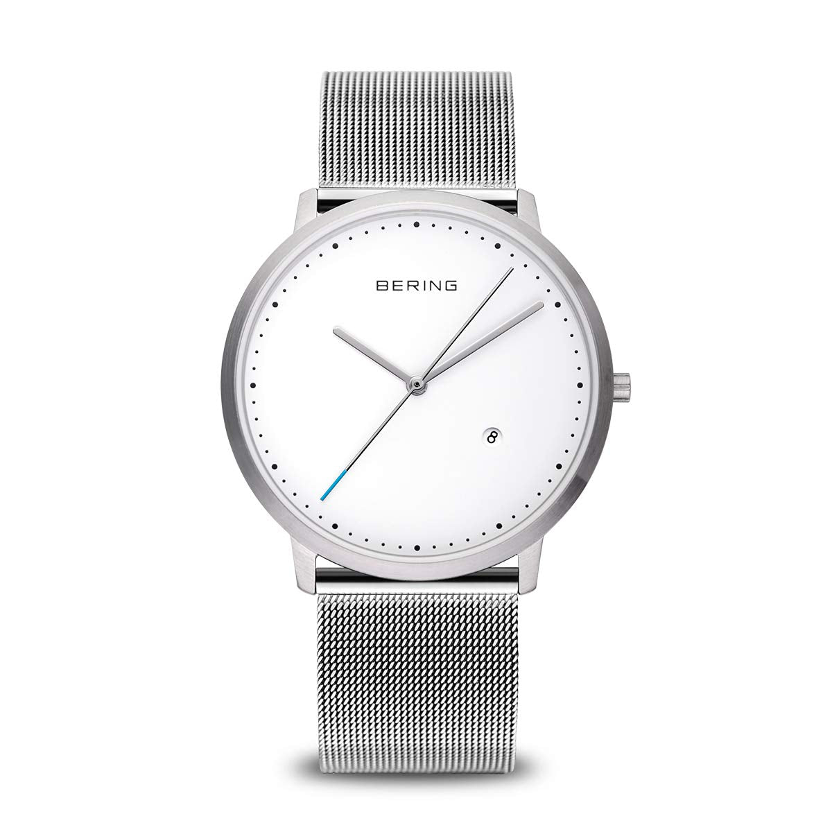 BERING 11139-004 Reloj de cuarzo unisex con caja de acero inoxidable plateado de 39 mm y esfera blanca, correa milanesa, cristal de zafiro y resistencia al agua de 3 ATM