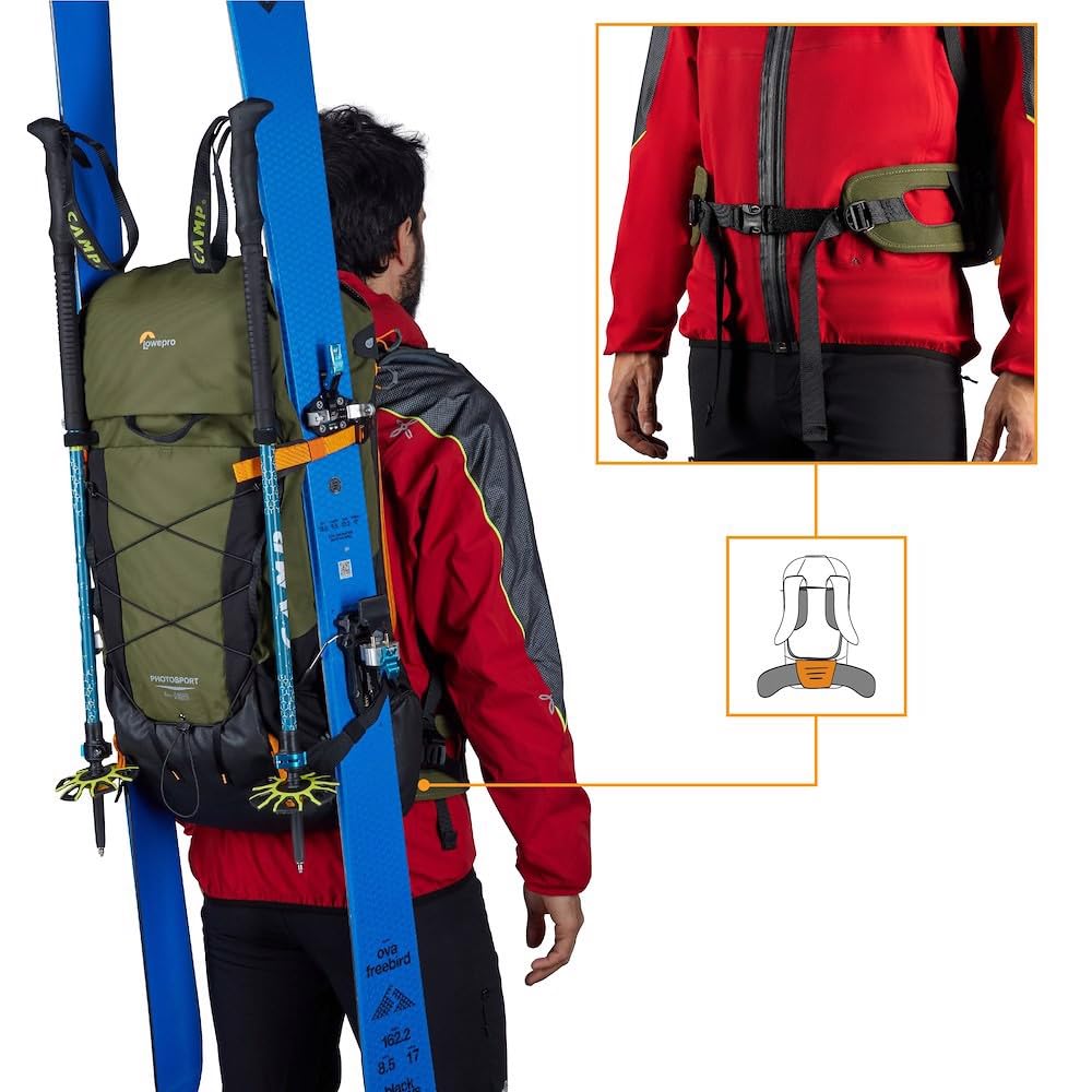 Lowepro Mochila PhotoSport X 45L AW con Tejidos Reciclados, Cámara Reflex y Mirrorless, Acceso Trasero, Compartimento Extraíble para Cámara, Características para Montaje, Talla M/L, Gris Oscuro/Verde