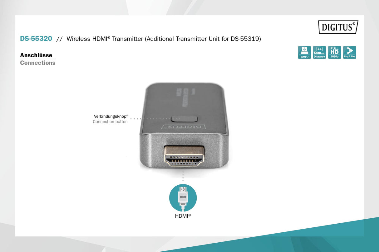 DIGITUS DS-55320 Click & Present Mini - Transmisor HDMI para ampliación - Unidad transmisora HDMI para DS-55319 - No Requiere Controladores - True Plug & Play - Plata/Negro