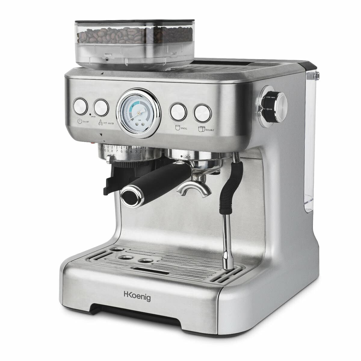 H.Koenig Espresso machine with grinder EXPRO980, 2.7L, 250g bean reservoir, 15 grind sizes, Italian pump, Customizable dosage for 1 or 2 cups, Thermoblock, Pressure 20 bars