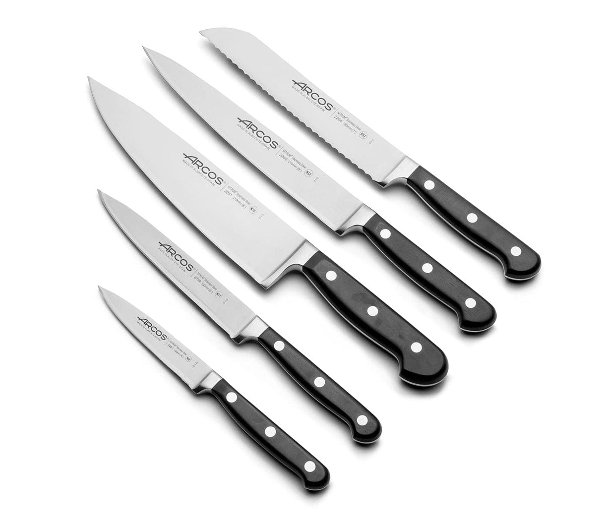 Arcos Set Cuchillos 5 piezas Acero Inoxidable Nitrum. Cuchillo Cocina Profesional Afilado para Cortar Carne. Mango Ergonómico Polioximetileno POM. Serie Opera. Diseño Clásico. Color Negro.