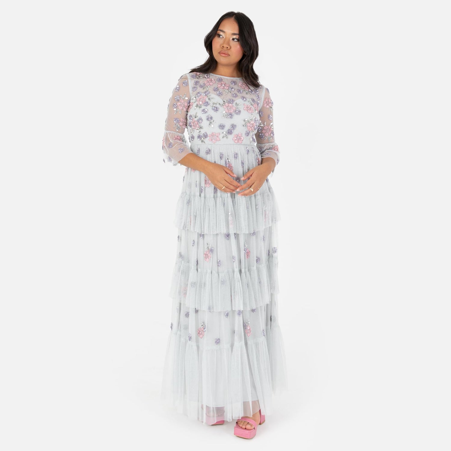 Maya Deluxe Women's Ladies Maxi Dress Round Neck 3/4 Sleeve Floral Sequin Embellished Ruffle A-Line for Wedding Guest Prom Ball Gown Vestido, Glacier Grey, 42 para Mujer
