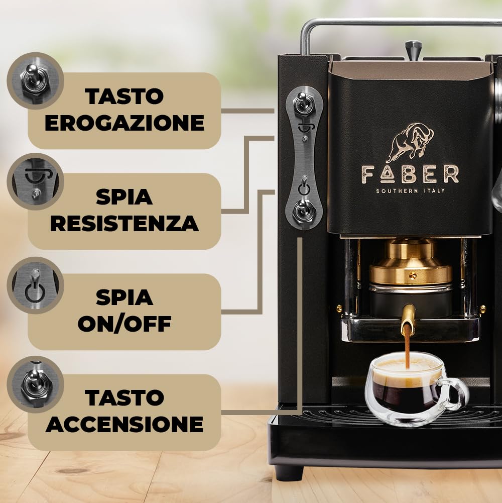 FABER COFFEE MACHINES | Modelo Pro Mini Deluxe | Cafetera con cápsulas ese 44 mm | Color Mat Black Chrome acabados | Pressacialda en latón