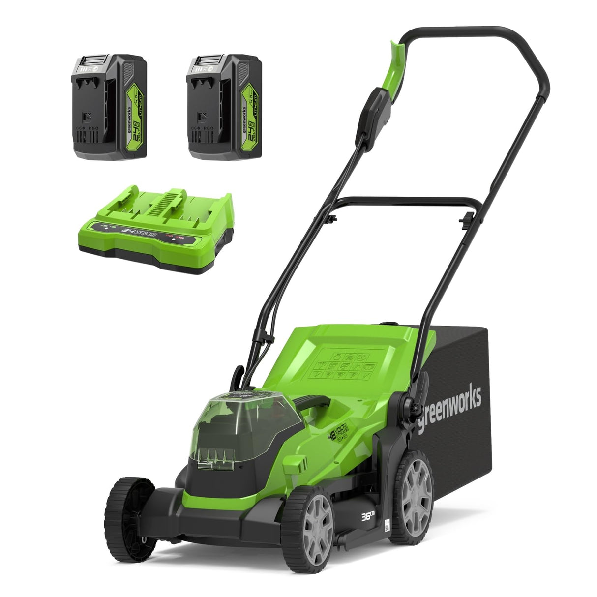 Greenworks Cortacésped de Batería 48V (24V x 2) para Céspedes de Hasta 420m², Ancho de Corte 36cm, Bolsa de 40L MÁS Dos de Baterías de 2x24V 4Ah y Cargador Doble, Garantía de 3 Años,G24X2LM36K4X