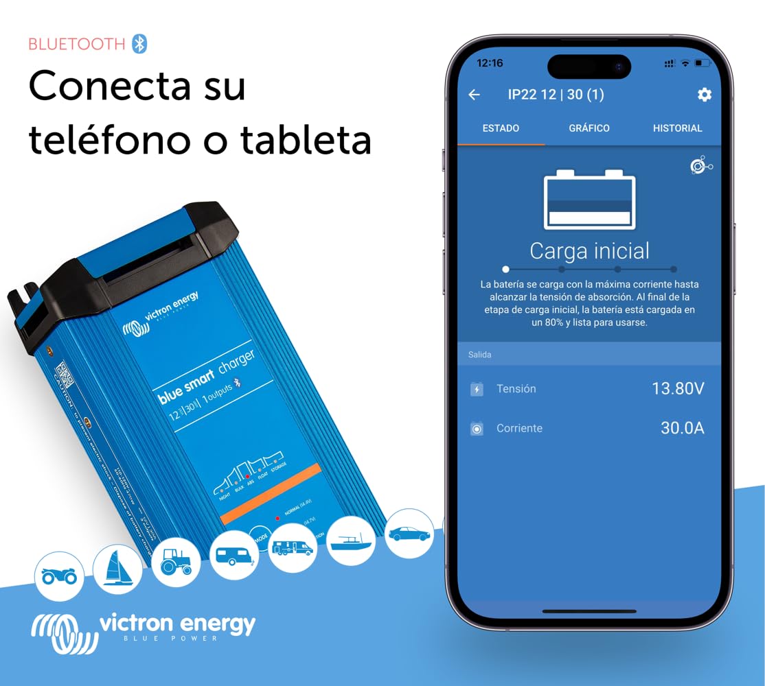 Victron Energy Blue Smart IP22 12-Voltios 30 amperios 230V, Cargador de Batería de Salida Única CEE 7/7, Bluetooth