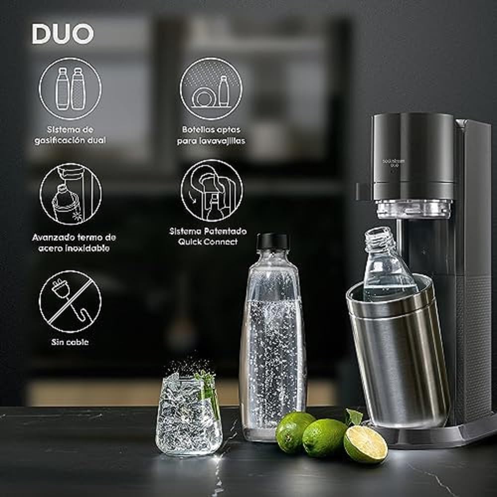 SodaStream Duo Pack - Máquina Gasificadora de Agua Color Negro con 2 Botellas Fuse de 1L 2 Botellas Fuse Glass de Cristal de 1L y 1 Cilindro de Gas Color Rosa, para Preparar hasta 60L de Agua con Gas