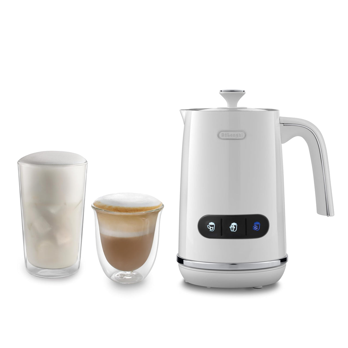 De'Longhi Espumador de leche eléctrico LatteMix EMF3.W para leche caliente y fría y alternativas vegetales, fácil limpieza, tapa transparente, 3 botones, 250 ml, color blanco