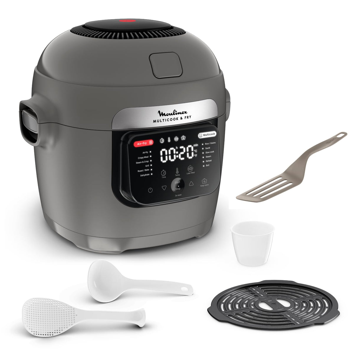 Moulinex Multicook Fry - Multicocina y aire freidora (12 programas, 6 L, gris, espátula incluida YY5553FB