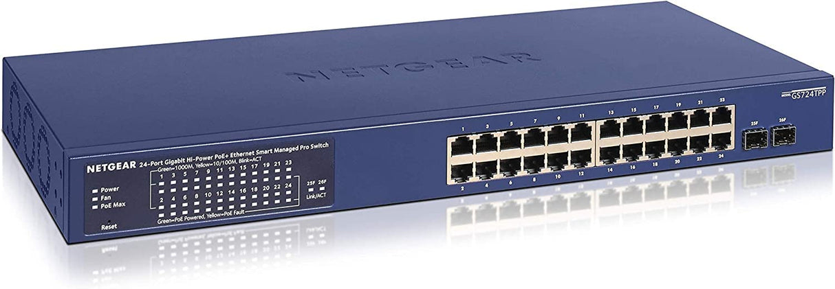 NETGEAR - Switch Pro PoE Gigabit Ethernet Gestionado Inteligente de 26 puertos (GS724TPP) con 24 puertos PoE+ (gasto 380W), 2 puertos 1G SFP, montaje de sobremesa o bastidor
