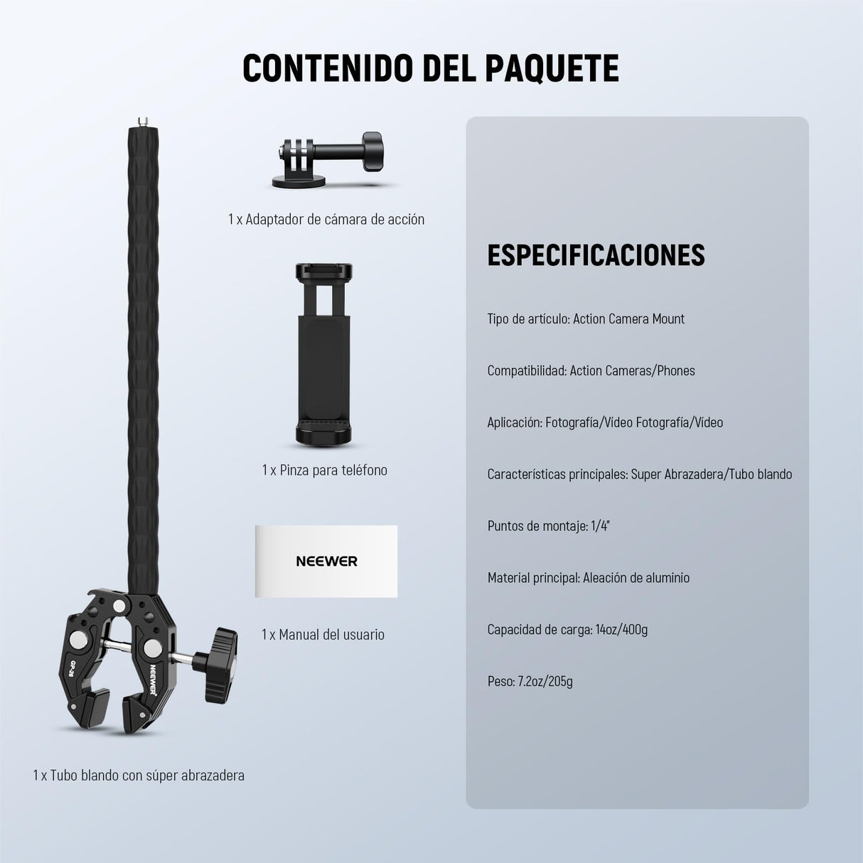 NEEWER Action Cam Mount Kit con Super Clamp Tubo Suave Adaptador Cámara Acción Soporte Móvil Ajustable para Superficies Planas/Redondas Compatible con GoPro Insta360 DJI Action Camera Smartphone GP-26