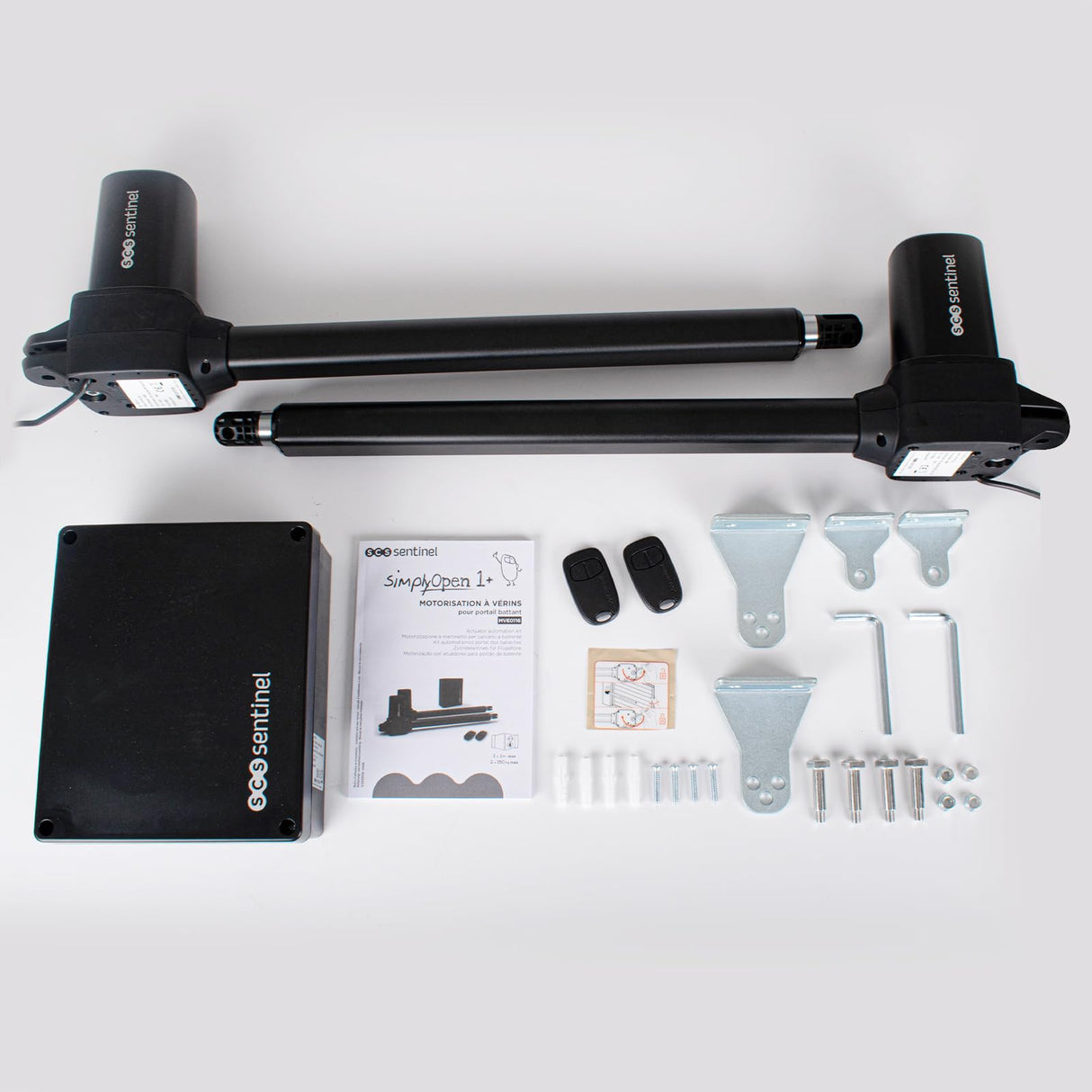 SCS Sentinel, MVE0116, Motorización 24V con Cilindros para Cancela batiente 4M/300kgs, 2 mandos a Distancia de 2 Canales, Compatible con Madera, Aluminio, Hierro, PVC Reforzado, SimplyOpen 1+