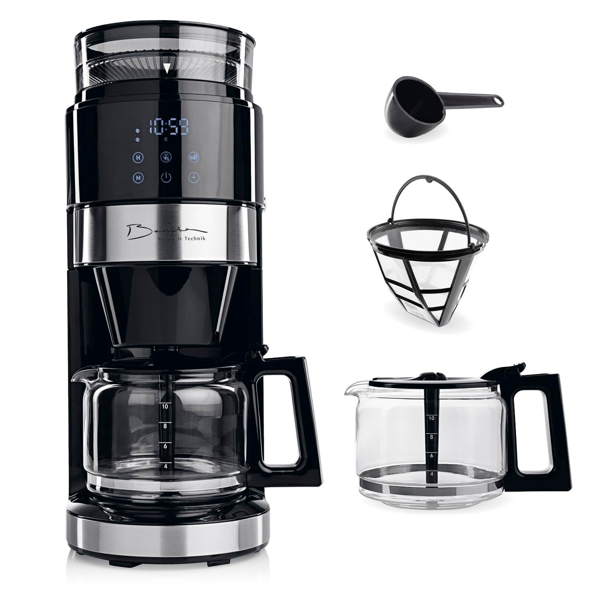 Barista Cafetera con molinillo | Cafetera de filtro con jarra de cristal | Máquina de filtro de 900 W con pantalla táctil y función de temporizador para hasta 10 tazas | Cafetera de 1,25 litros | Para
