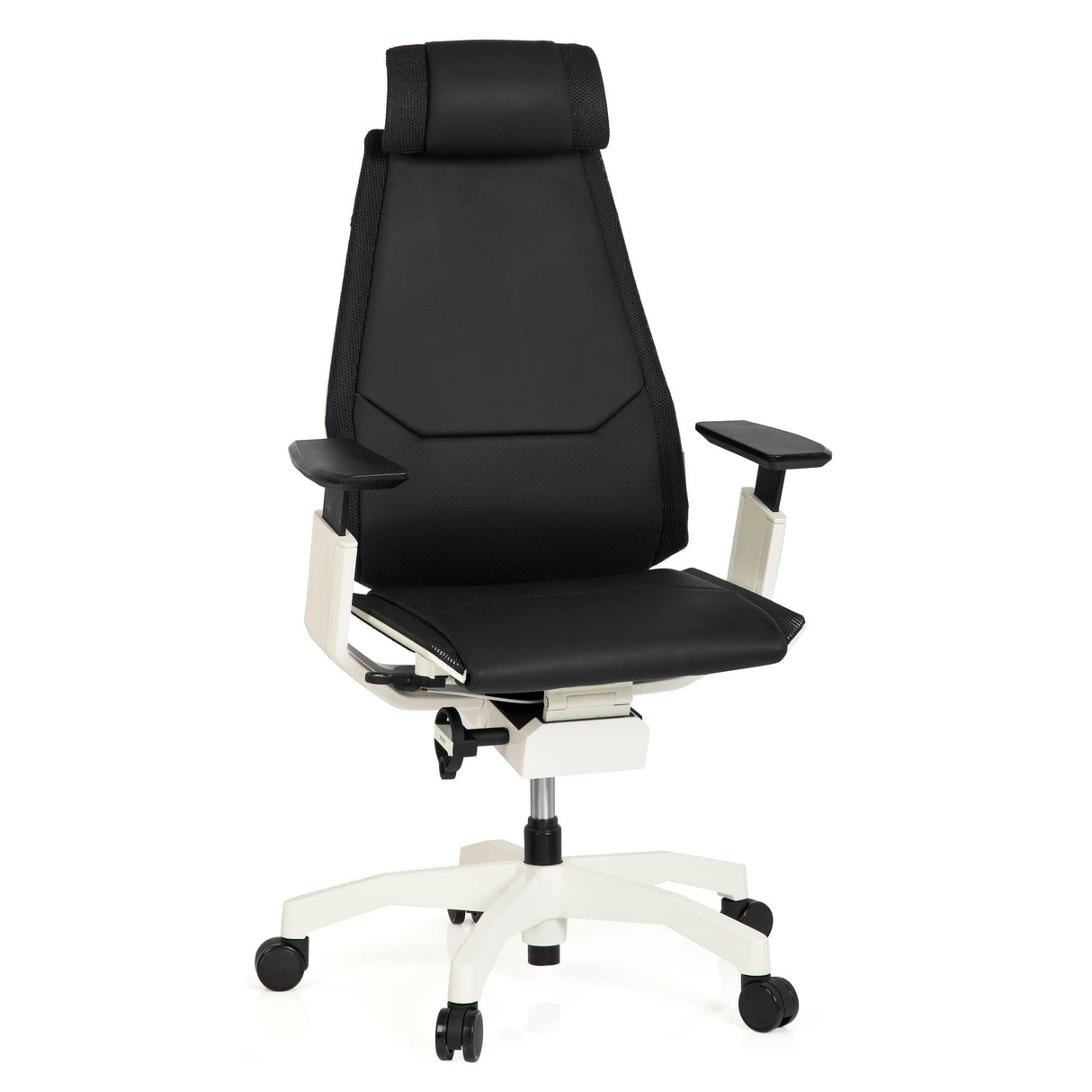 hjh OFFICE 652863 Silla de Oficina GENIDIA Pro White Cuero Negro, Silla ejecutiva ergonómica, reposabrazos y reposacabezas Ajustables