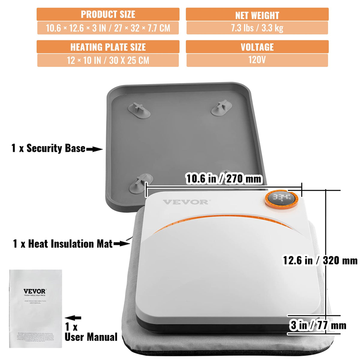 VEVOR Prensa de Calor Portátil 30 x 25 cm Para Camisetas - Máquina de Transferencia 750W - Temperatura 40-205 °C - Uso Doméstico y Bricolaje