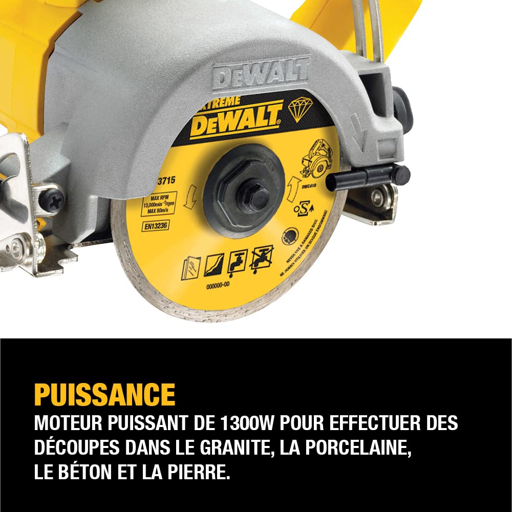 DEWALT DWC410-QS - Sierra de mano Circular para Azulejos, 1300W, Disco de Diamante 110 mm, Velocidad 13,000 rpm, Corte en Seco y Húmedo, Profundidad de Corte Máxima 34 mm, Incluye Llave y Guía
