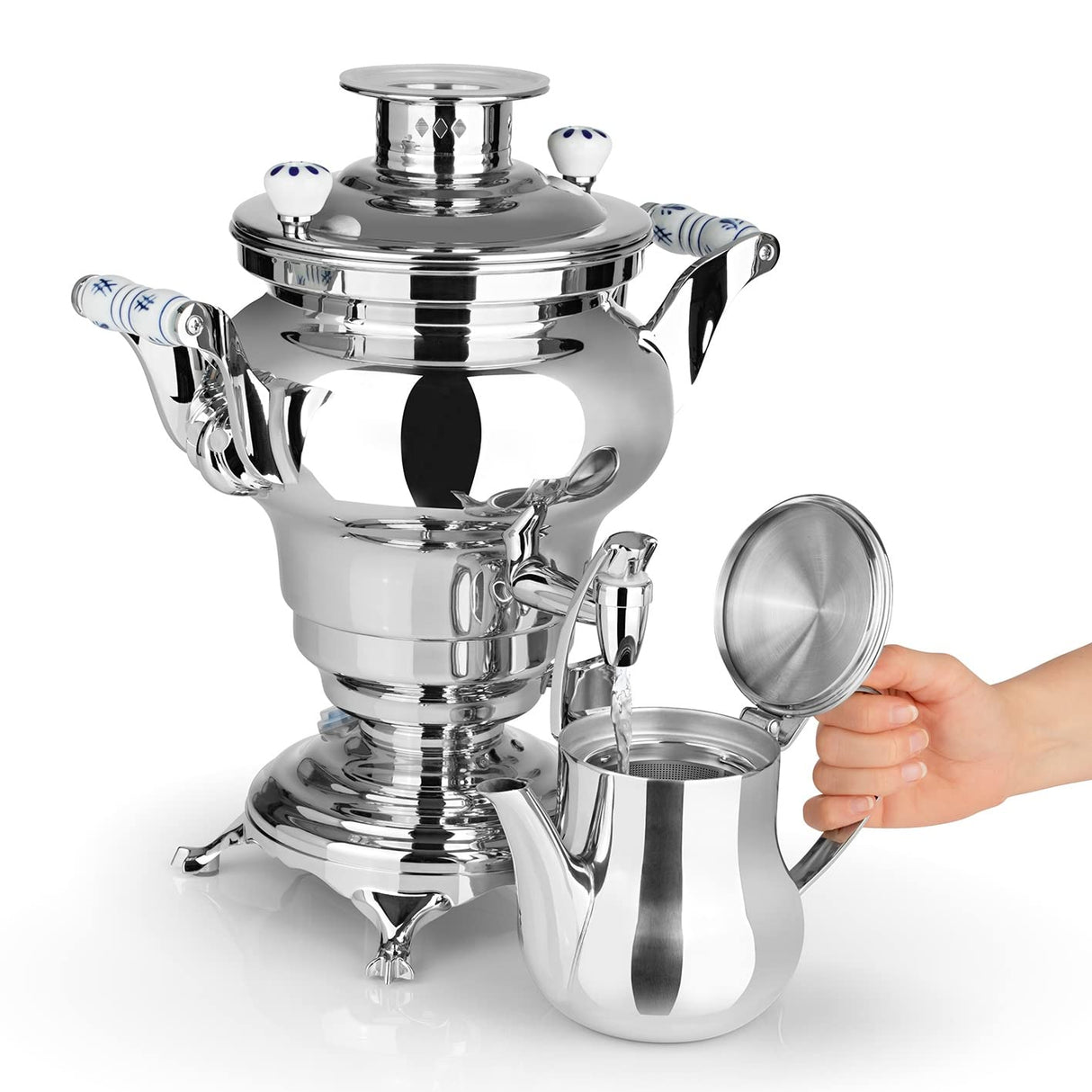 BEEM Odessa + samovar – 3 l | acero inoxidable | tetera turca eléctrica | 1800 W | 1 l tetera de acero inoxidable con colador | hervidor de agua de 3 l | dispensador con una sola mano