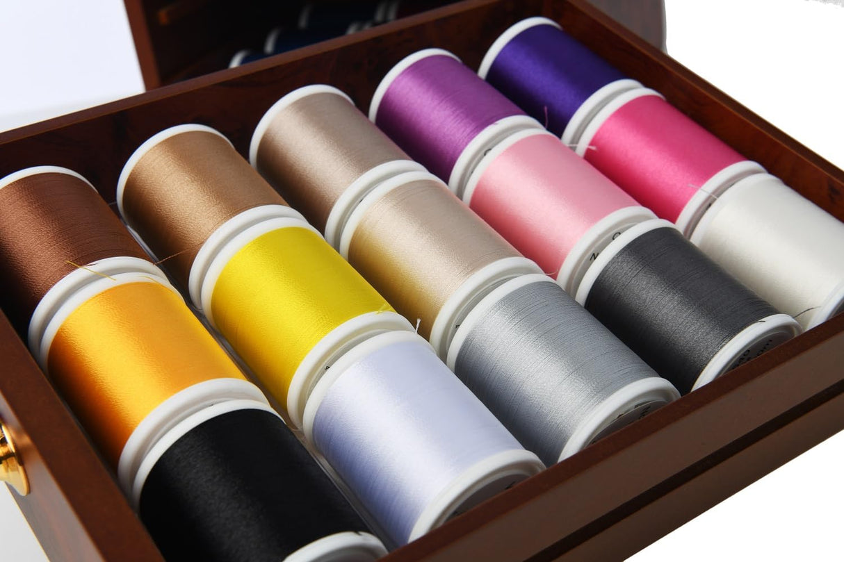 VIOLA Caja de hilo de costura y bordado, elegante cajonera 30 con bobinas de hilo de poliéster de 1000 m, hilo para coser y bordar 100% poliéster, acolchado y patchwork
