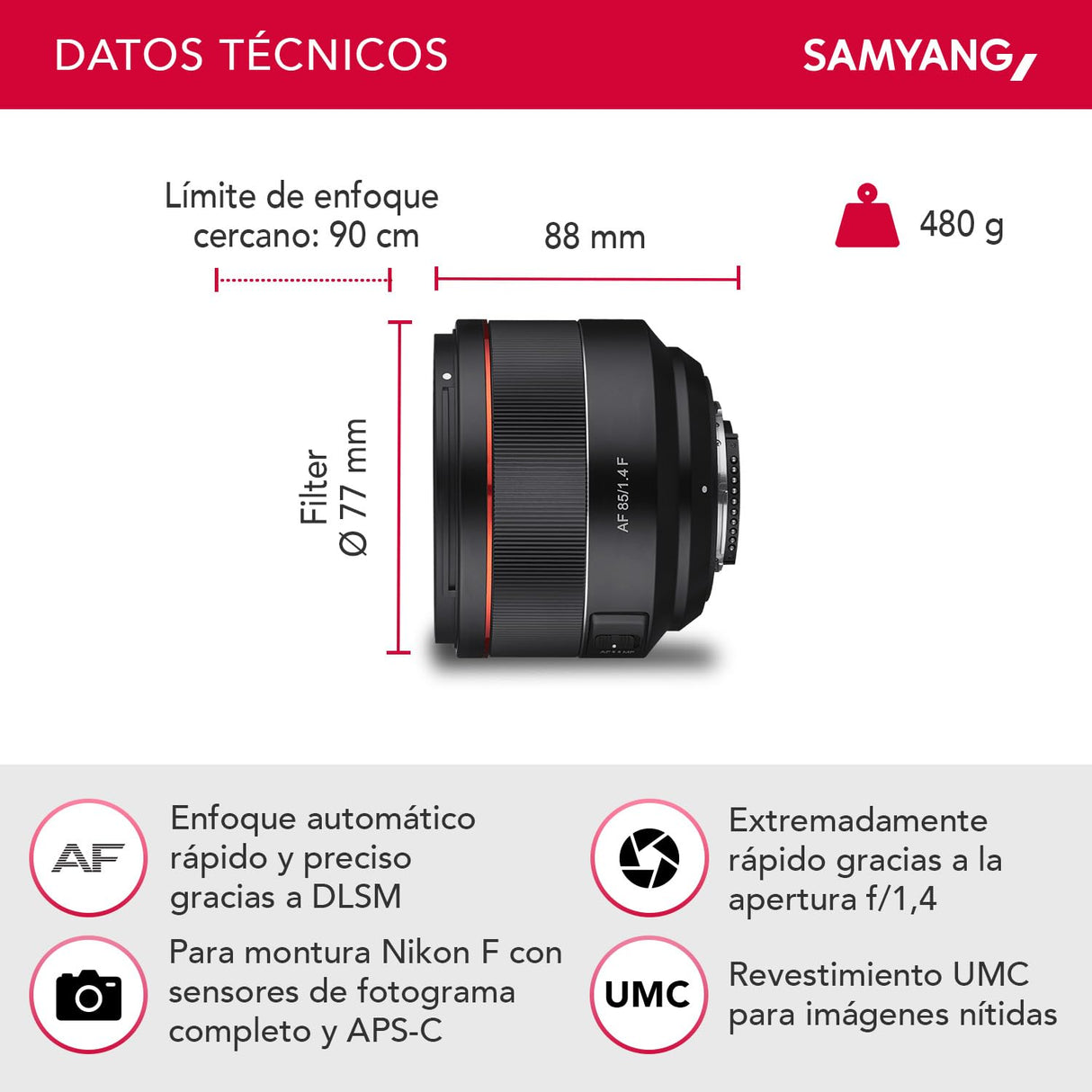 Samyang SA7073 - Objetivo AF para cámara Nikon F (85 mm, F1.4 F, 85 mm, formato completo, sin espejo, réflex, formato completo y APS-C, con montura Nikon F, rosca de filtro de 77 mm) negro