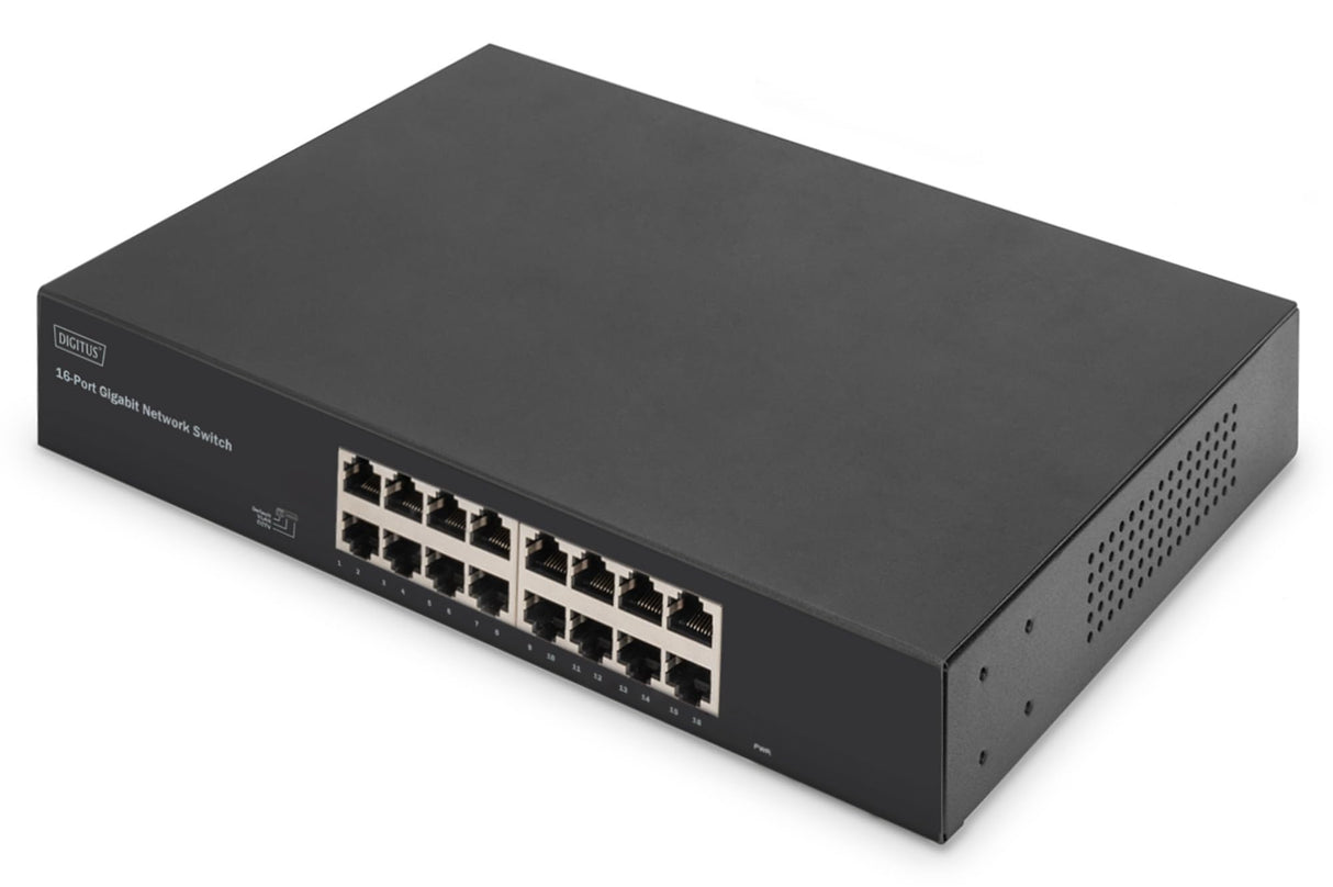 DIGITUS DN-80112-2 - Conmutador de Red Gigabit - 16 Puertos - no gestionado - sin Ventilador - Compatible con VLAN y CCTV - 16x RJ45-10/100/1000 Mbit/s - Soportes de Montaje de 19 Pulgadas - Negro