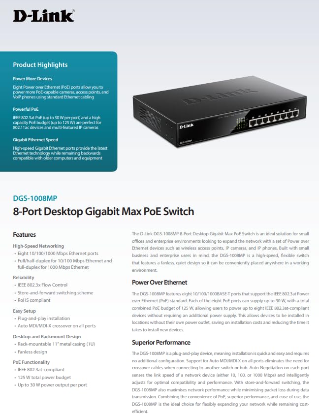D-Link DGS-1008MP – Switch PoE Gigabit 8 puertos LAN, no gestionable layer 2, de 30 W por puerto y capacidad total de hasta 140 W, enrackable, 11” de ancho, 1U de altura