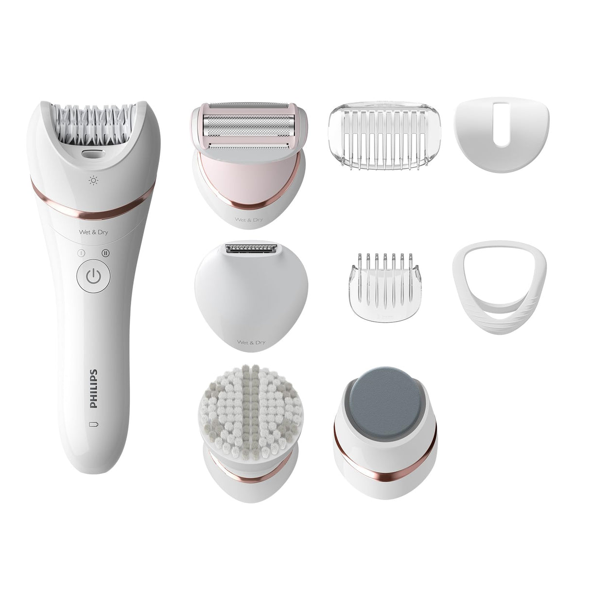 Philips Depiladora Mujer Serie 8000, 9 en 1, Para Cuerpo, Cara, Pies y Bikini, Uso en Seco o Humedo, Piel Suave desde Casa, Cabezal Ceramico, BRE740/10, Blanco