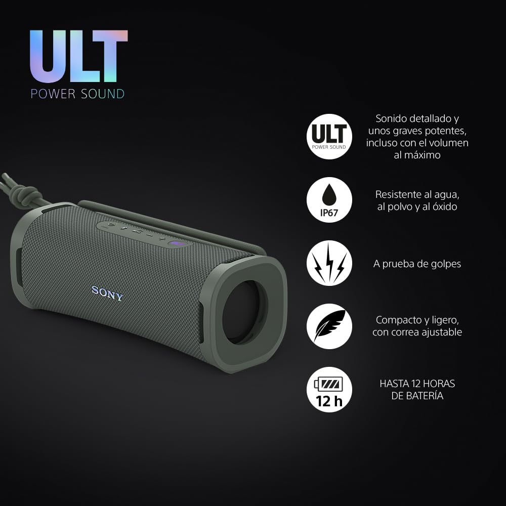 Sony ULT Field 1 Altavoz inalámbrico Bluetooth portátil con ULT Power Sound, Ultimate Deep Bass, IP67, Resistente a los Golpes, 12H de batería, Llamadas nítidas, Gris Bosque