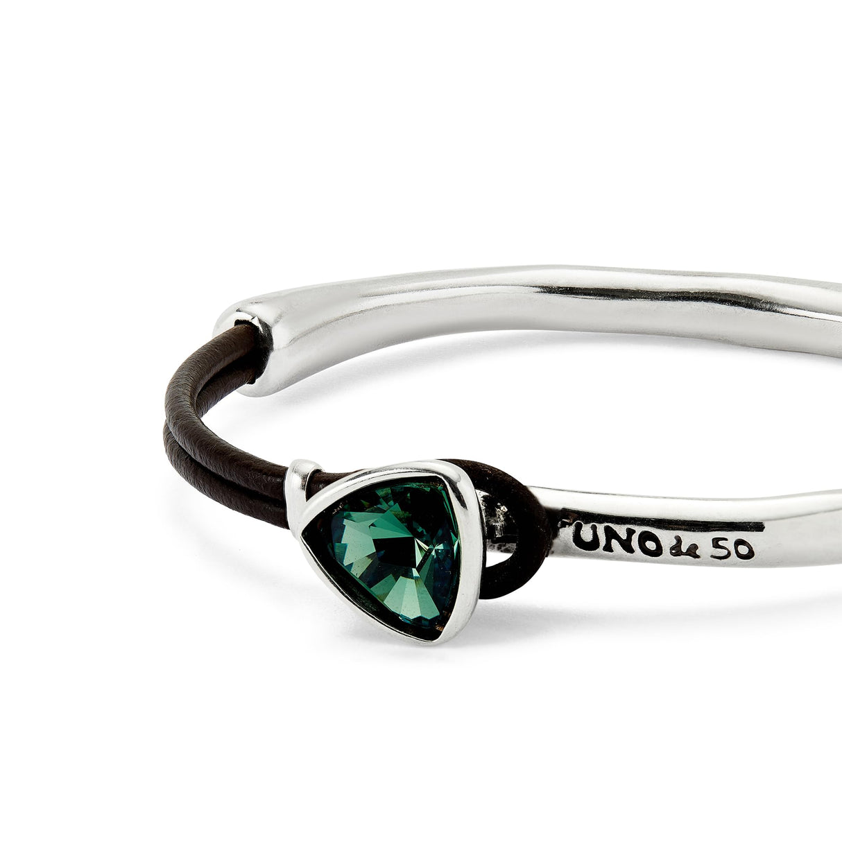 UNO de 50 | Pulsera Fina para Mujer | Cuero y Bañada en Plata de Ley | Cristal Facetado Verde | Talla M | Joya Artesanal | Hecho en España