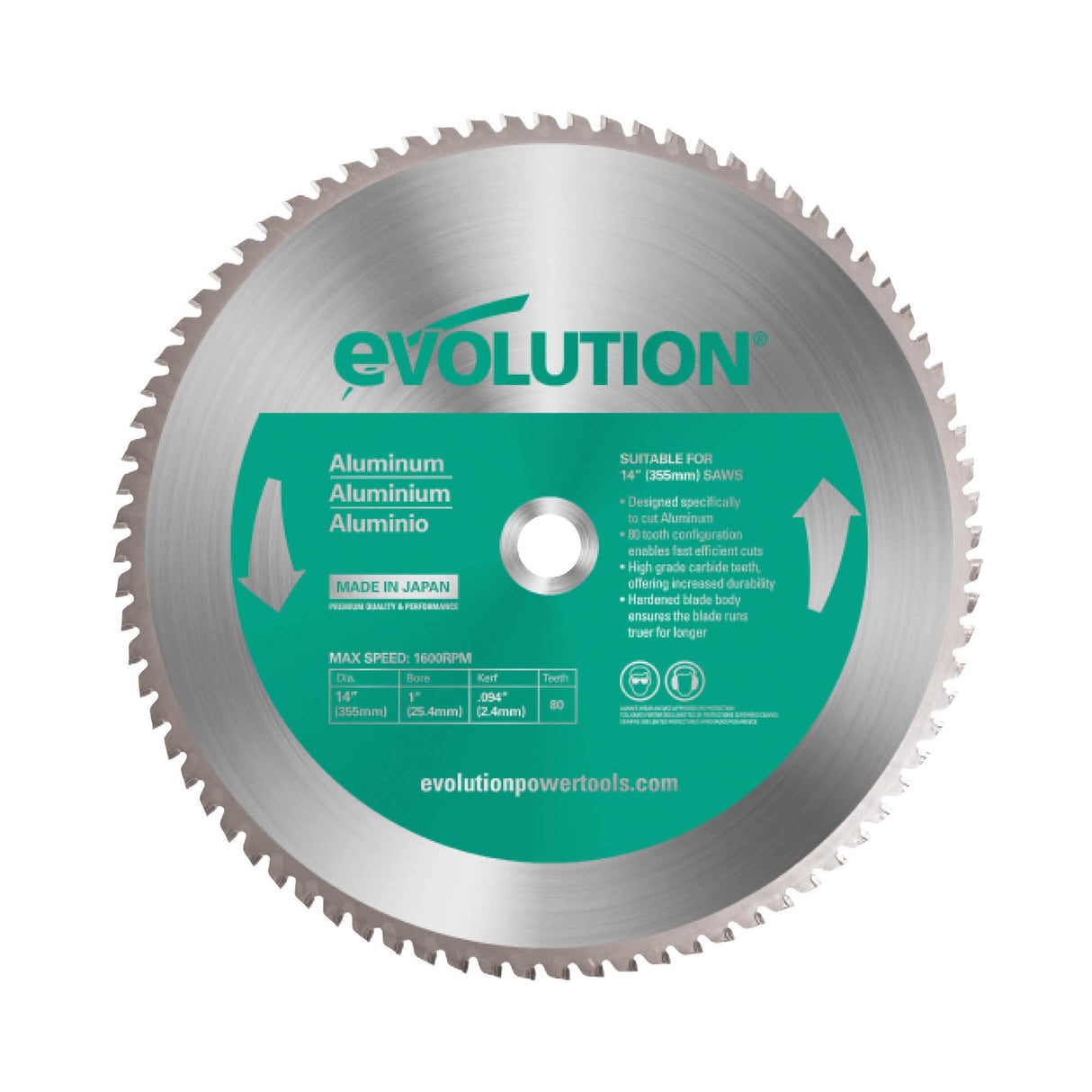 Evolution 355mm A355TCT-80CS Hoja de sierra para cortar aluminio - Hoja de sierra de metal con punta de carburo de 80 dientes que casi no genera calor, rebabas ni chispas