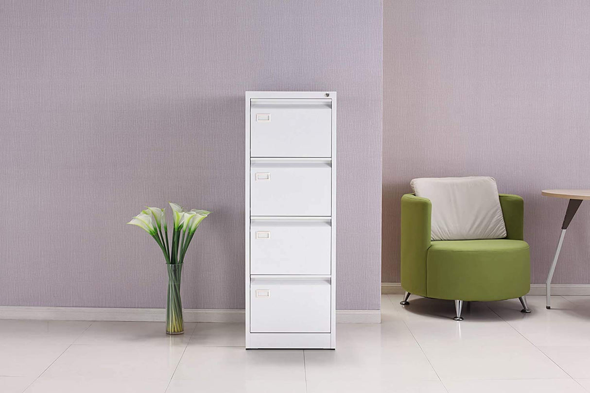 Pack 4 - OFITURIA ® Archivador Metálico Tipo Bisley Organizativo De Oficina Blanco con 4 Cajones para Carpetas DIN A4 Y Folio, Documentos con Llave, 132 X 46 X 62 (4 Unidades, Blanco 4 Cajones)