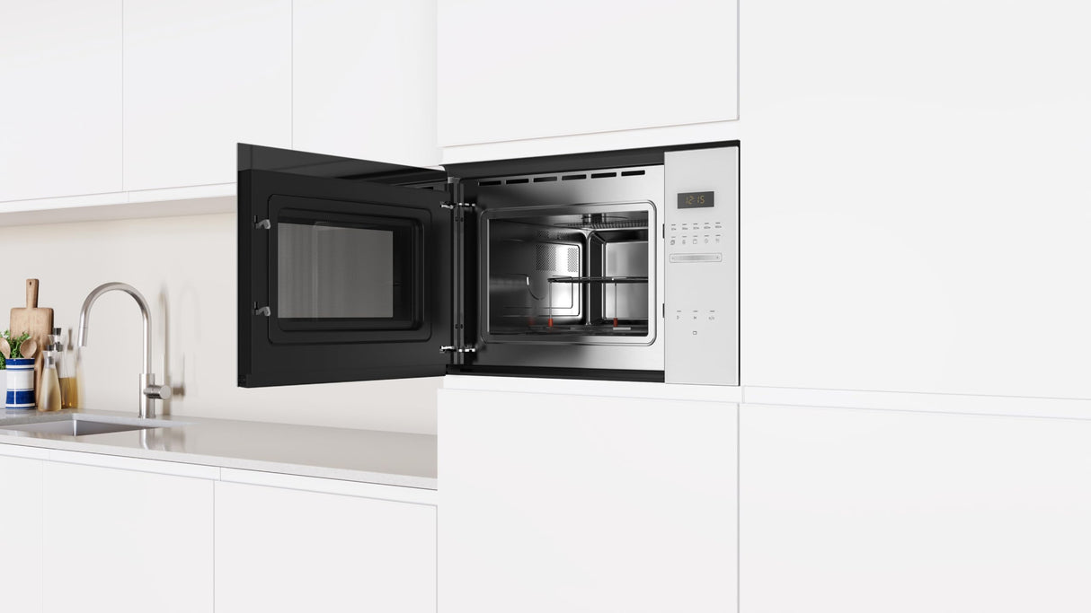 Balay Microondas encastrable sin marco, 38 cm, 25 l, Aqualisis, Ap. lateral izquierda, Cristal blanco, 8 recetas, Programación electrónica paro, Plato giratorio 31,5 cm, Con grill