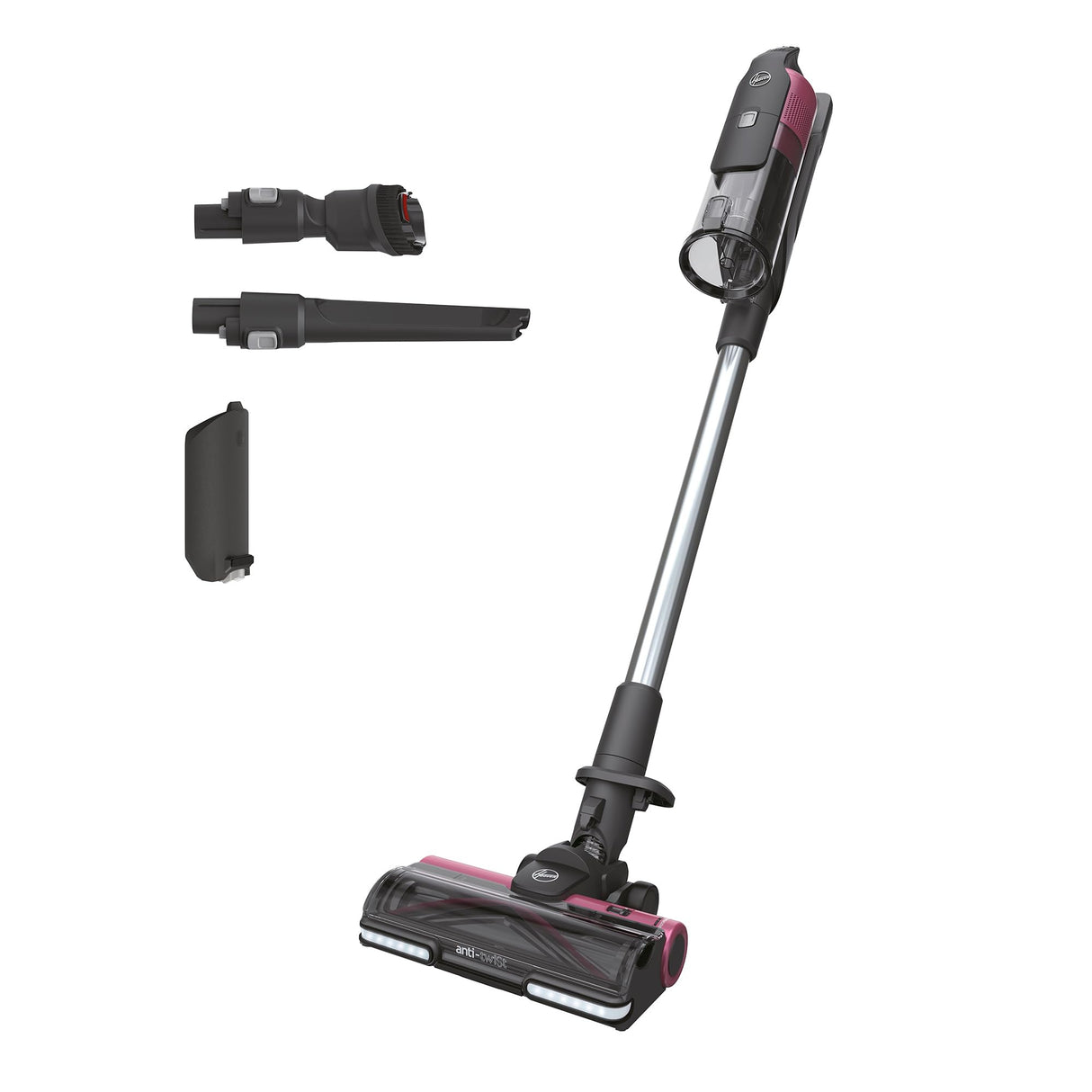 Hoover HF9 Home HF920H, Aspiradora Escoba sin Cable, sin Bolsa, 3 en 1, Escoba, de Mano y Vertical, Cepillo Antienredos, Autonomía 60 min, Color Gris/Rosa