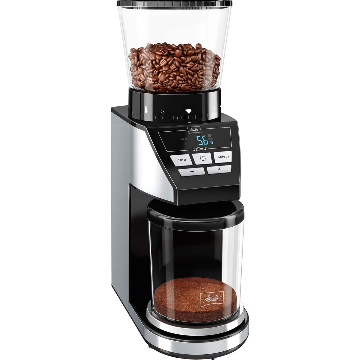 Melitta Calibra 1027-01 - Molinillo de café eléctrico cónico con 39 ajustes de molienda, apto para distintas cafeteras, moledor de café con báscula digital y pantalla LCD, 200 g, negro