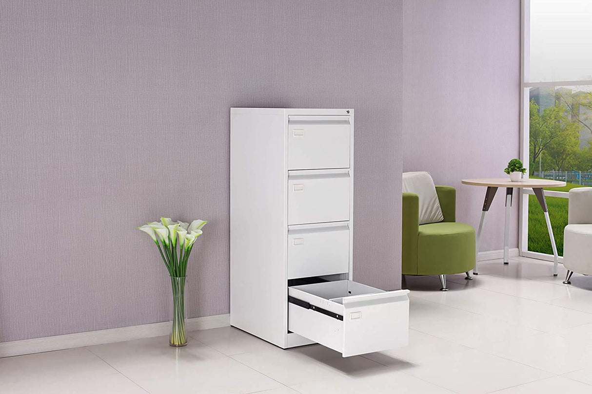 Pack 4 - OFITURIA ® Archivador Metálico Tipo Bisley Organizativo De Oficina Blanco con 4 Cajones para Carpetas DIN A4 Y Folio, Documentos con Llave, 132 X 46 X 62 (4 Unidades, Blanco 4 Cajones)