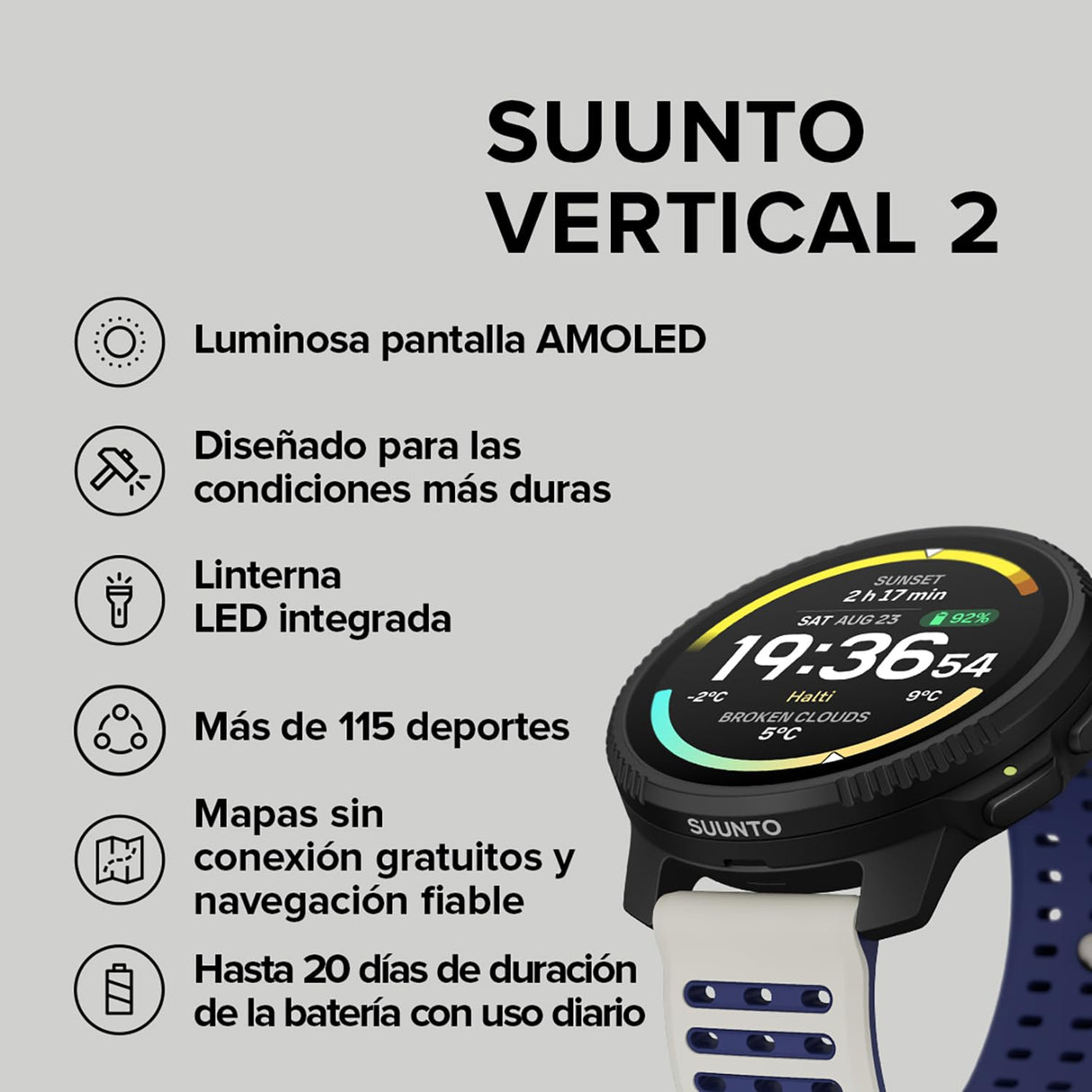 SUUNTO Vertical 2 Reloj GPS Robusto, Pantalla AMOLED, Linterna, 20 días de batería, mapas Offline y 115+ Modos Deportivos. Ideal para Aventuras y Uso Diario