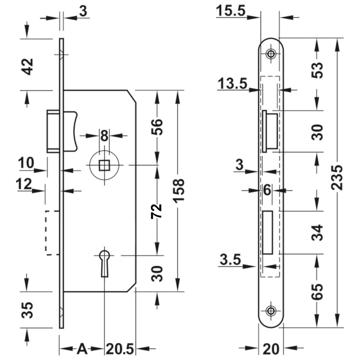 cyclingcolors 1x Cerradura para Insertar Embutir Izquierda Puerta Giratoria DIN 18251 Entrada 35 mm Longitud del frente 235 mm Ancho 20 mm con Llave Puerta Madera, Frente acero inoxidable